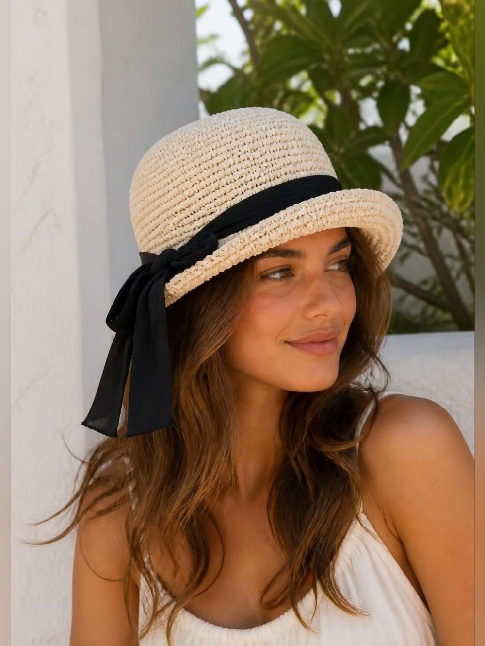 Scala Collezione Beige Woven Sun Hat with Black Scarf